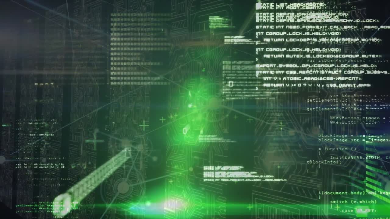 animação do processamento de dados e luzes verdes sobre servidores