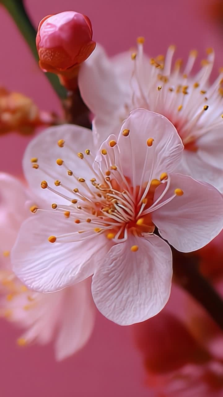 Delicate Blossoms Against a Soft Pink Background: Capturing the Serene Beauty of Nature's Floral Display in Two Stages of Bloom