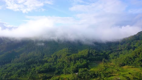 Drone-shot-of-rural-landscape-with-view-of-hill-and-forest-shrouded-by-mist