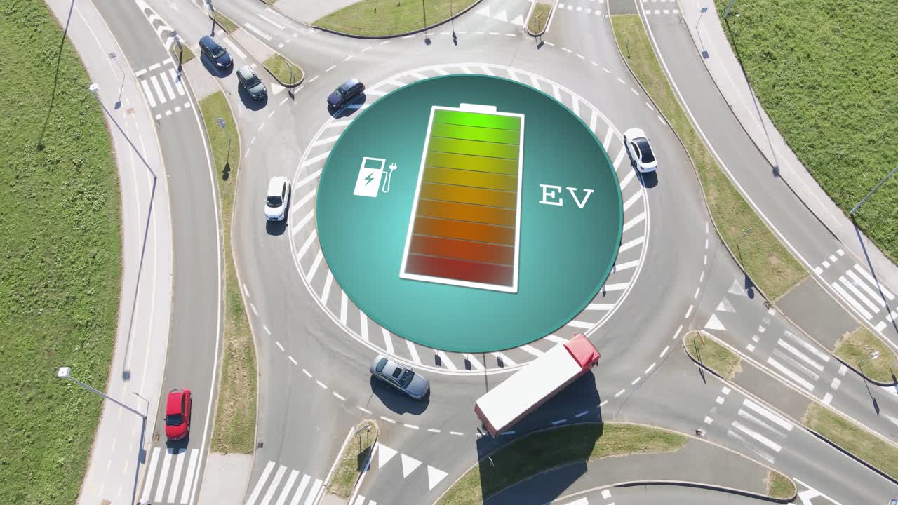 Pil şarj animasyonlu elektrikli arabaların havadan görünümü.