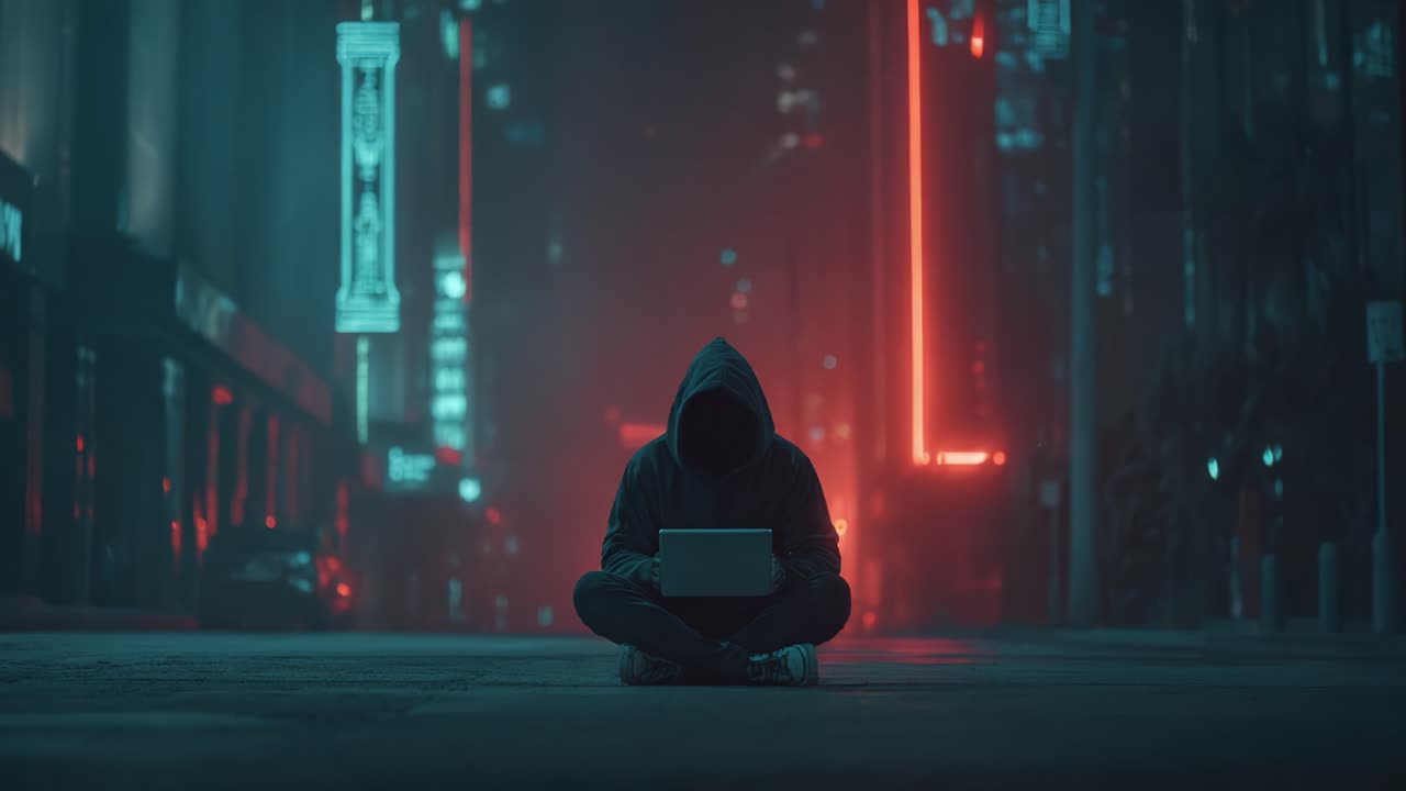 A solitary figure in a dark urban landscape engages with a laptop, illuminated by vibrant neon lights, creating an atmosphere of mystery and intrigue in the night