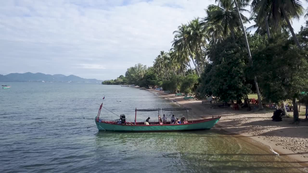 Tropical Beach Scene with Boat and Palm Trees