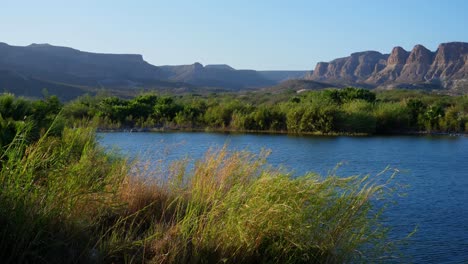 Ganzaufnahme,-Malerischer-Blick-Auf-Vom-Wind-Und-Dem-Fluss-Verwehte-Wiesen-An-Einem-Hellen,-Sonnigen-Tag-In-La-Purisima-Baja-California-Sur,-Mexiko,-Bergkette-Im-Hintergrund