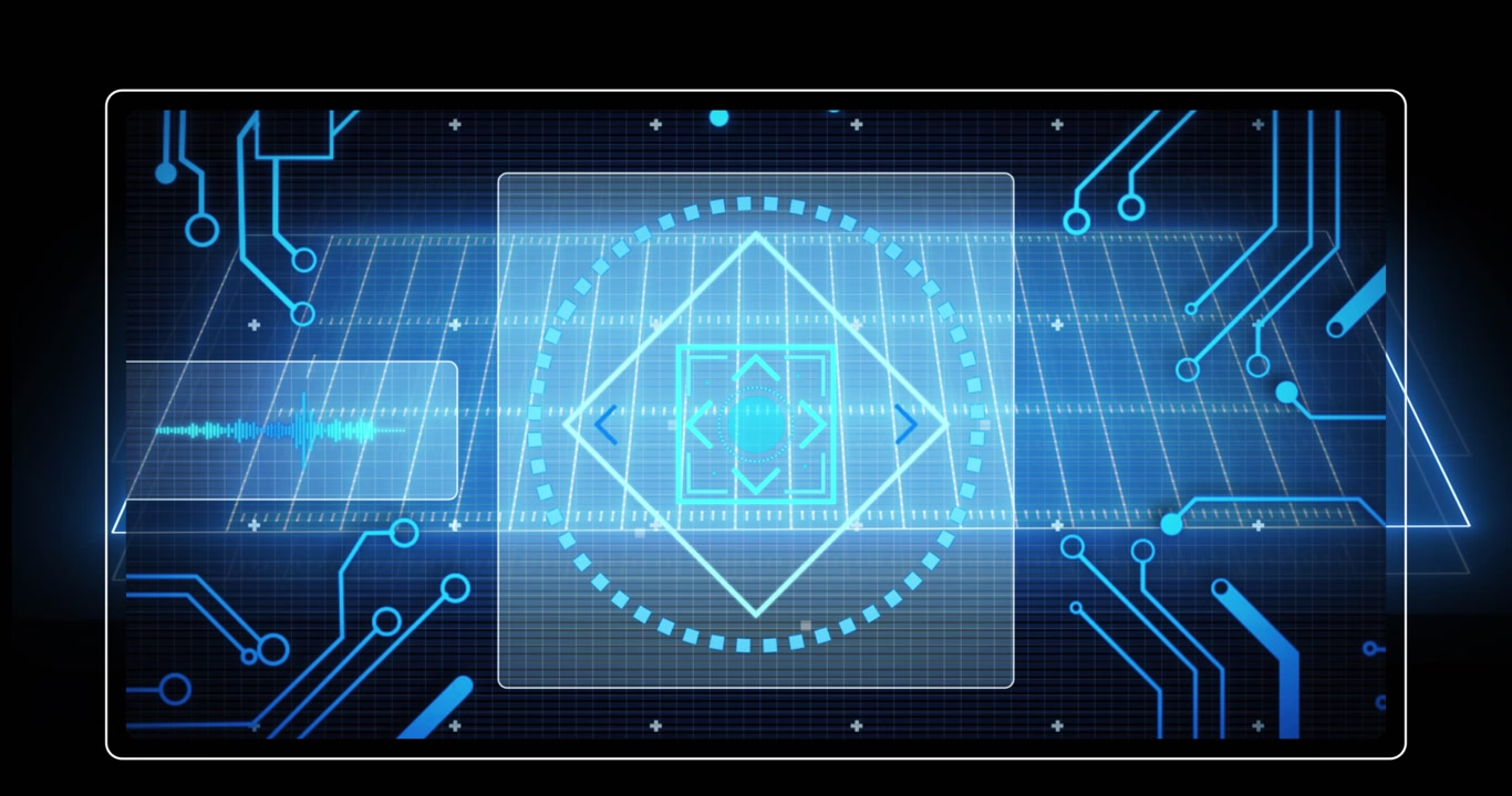 Animation of neon stadium over data processing and scope scanning on black background