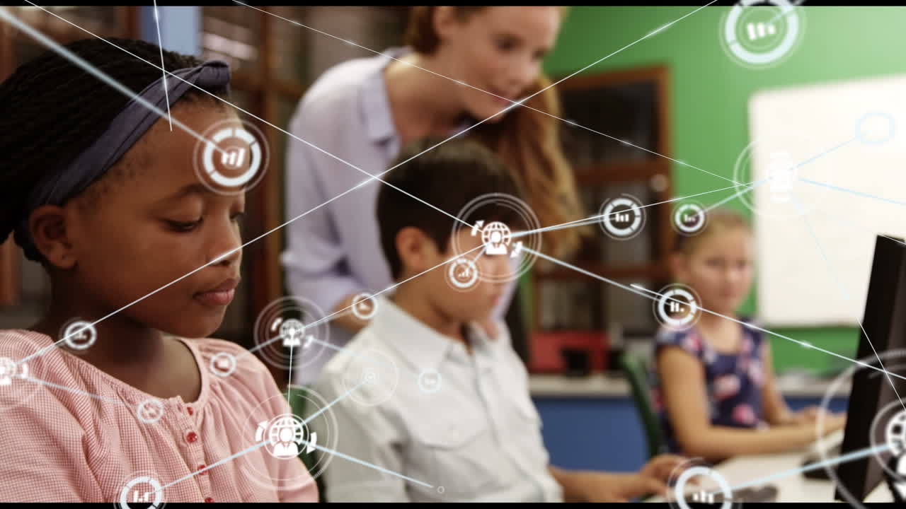 animación de la red de conexiones con iconos sobre diversos escolares que utilizan computadoras