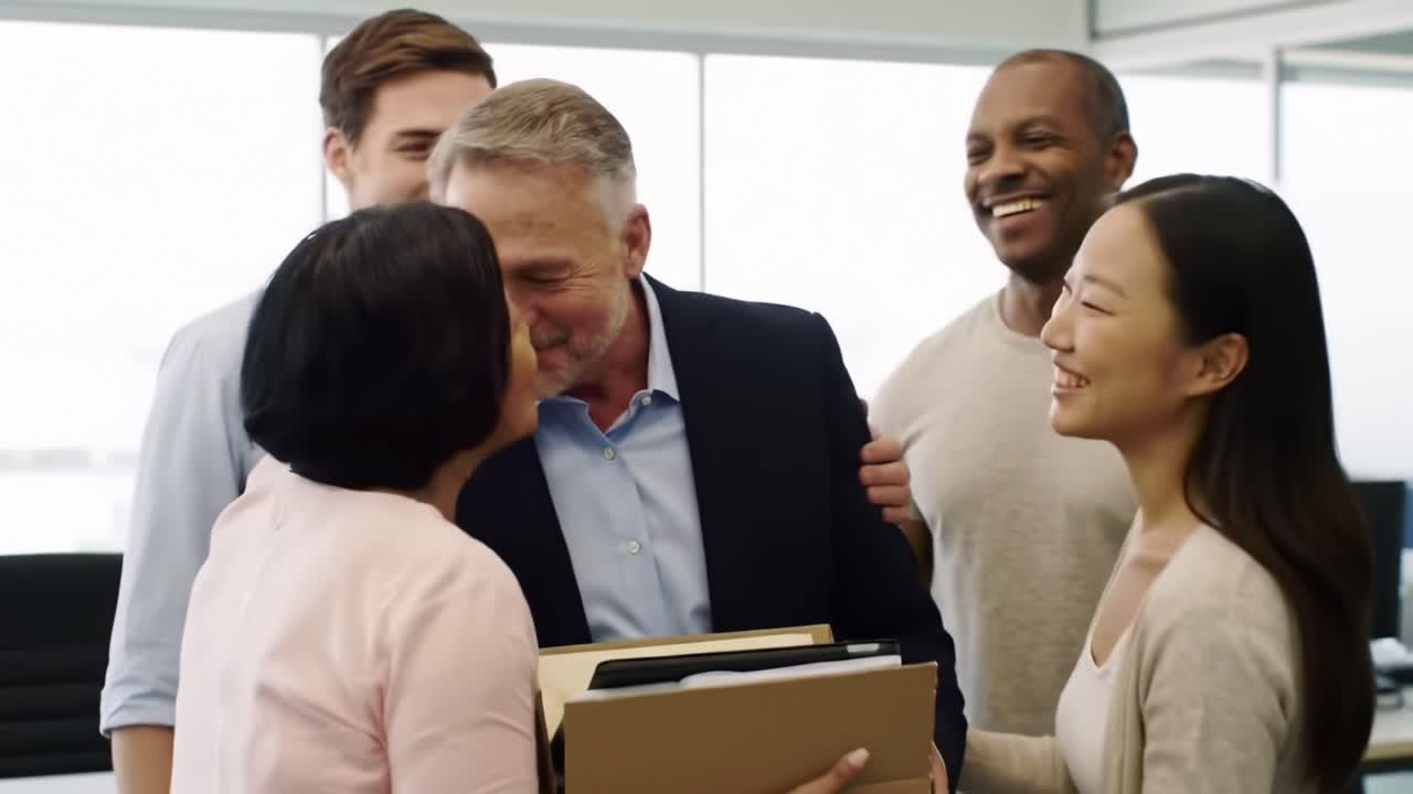 Celebrating Achievements: A Group of Colleagues Gather to Honor a Team Member's Success with Gifts and Smiles in a Modern Office Environment