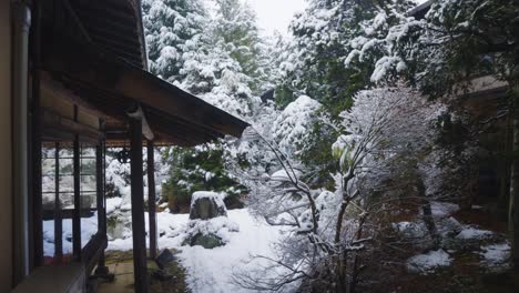 japanese style inn, winter garden with snow in northern tohoku region