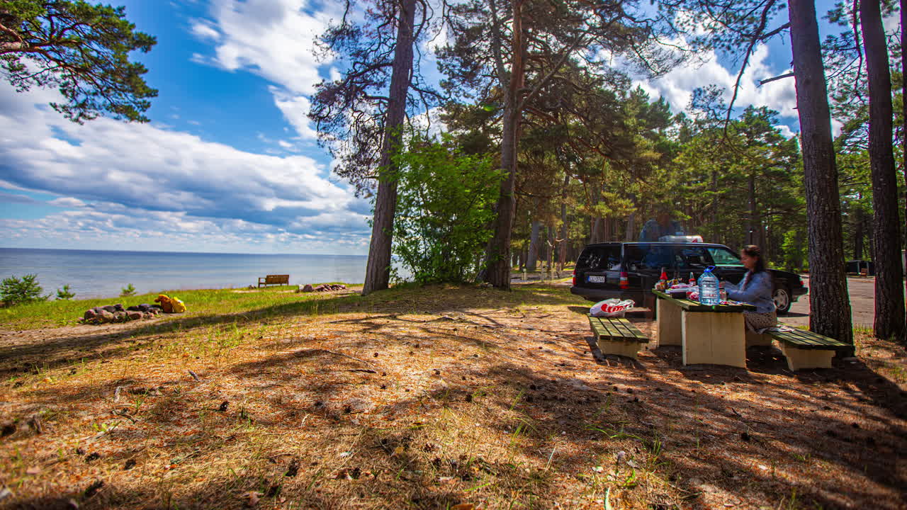 Time lapse of family outdoors enjoying camping picnic during vacation