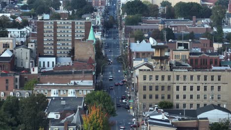 long aerial zoom rising shot of downtown lebanon, pennsylvania