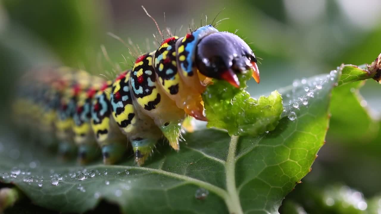 Bruco che si nutre premendo le mandibole su una foglia verde strappata, percependo lo strappo per il cibo, con rugiada e un ramoscello.