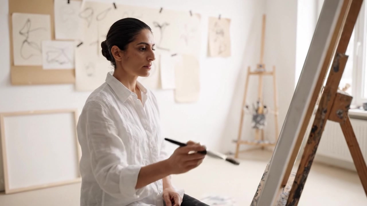 Artista in studio: Affascinante viaggio di creatività ed espressione su tela attraverso pennellate e tecniche artistiche in un ambiente sereno