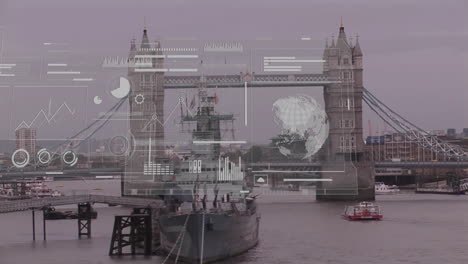 data analytics and global network animation over tower bridge and river scene