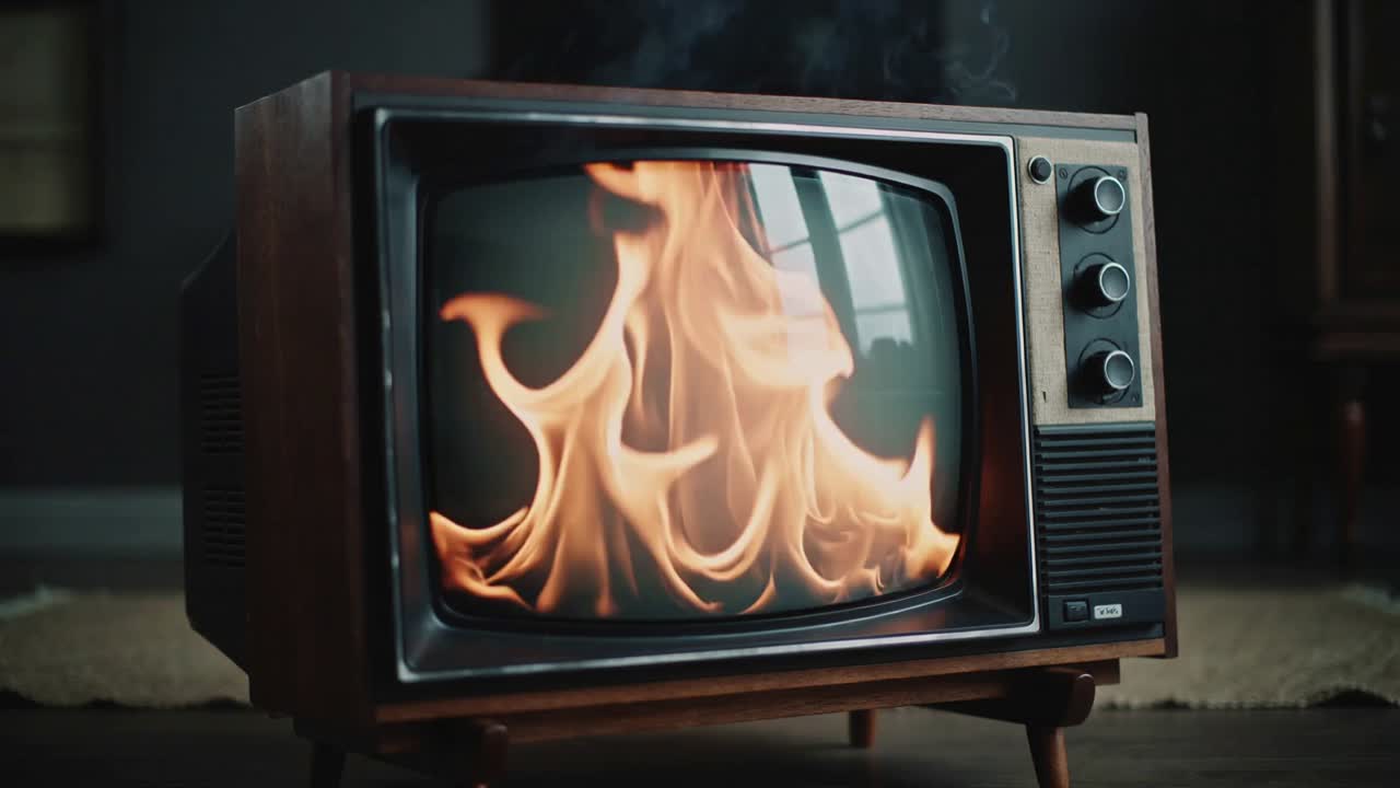 Accensione di una TV vintage in legno che mostra fiamme animate in un soggiorno, creando un display retrò