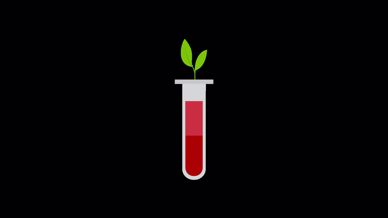 Provetta con liquido rosso e animazione di foglie verdi che germogliano