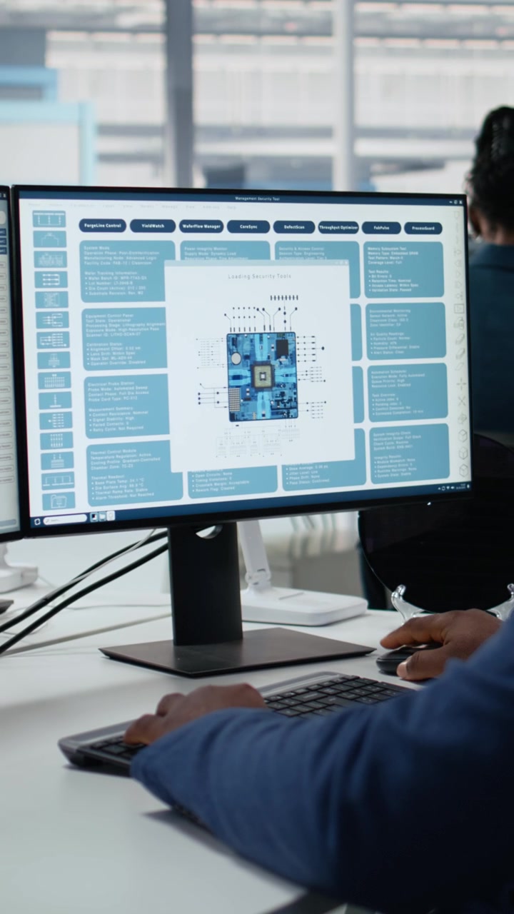 Video vertical: Técnico en fábrica de microchips en espacio de trabajo de I+D optimizando la producción con PC