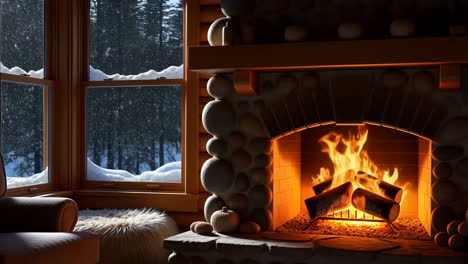 cozy winter cabin with fireplace and snowy view