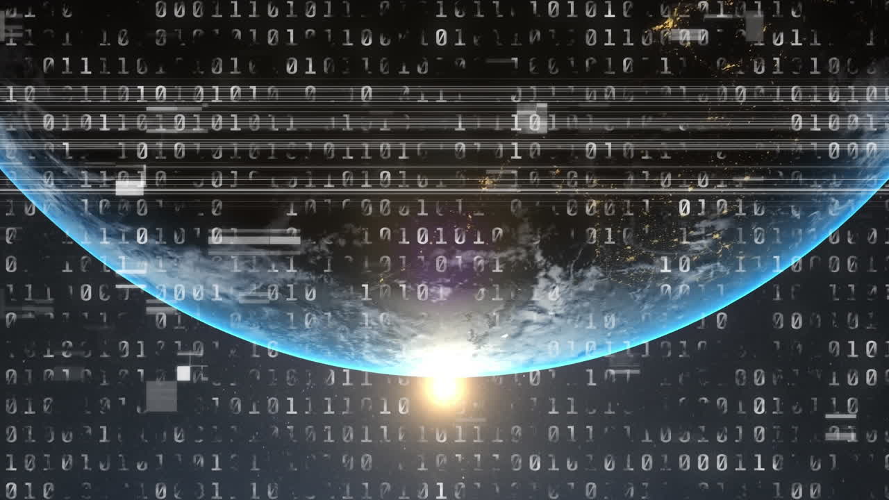анимация двоичного кодирования над планетой земля