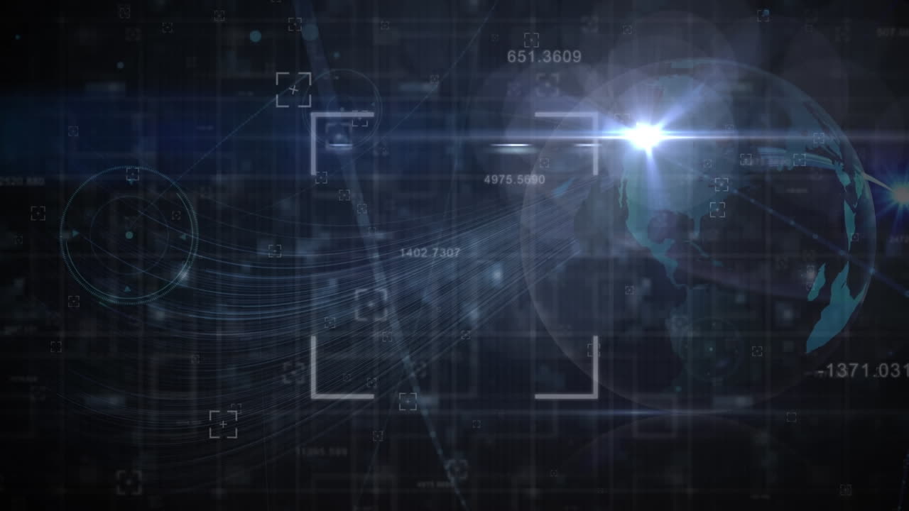 A globe is shown with data processing and technology concept animations