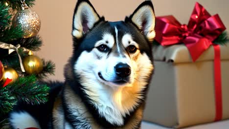 perro husky junto al árbol de navidad