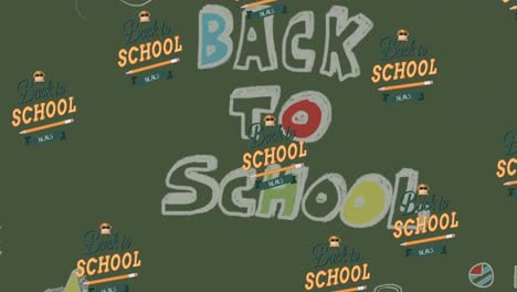 animation of repeated text back to school and pencil moving over green with back to school in chalk