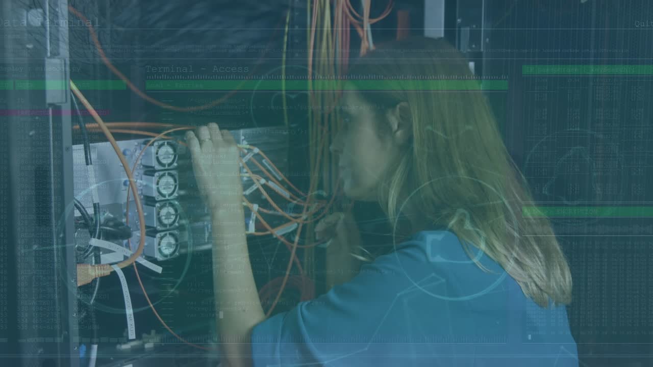 Animation of data processing over caucasian woman in server room
