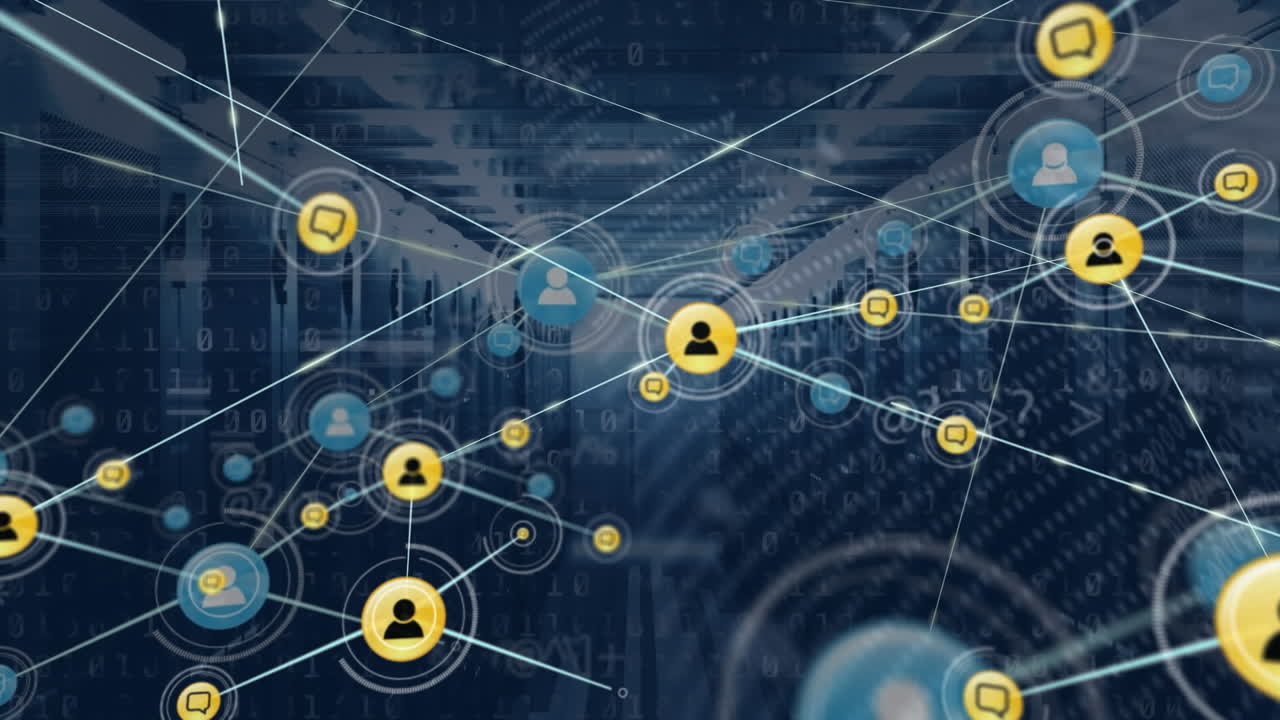 Animazione di rete di connessioni con icone su sala server e elaborazione dati.
