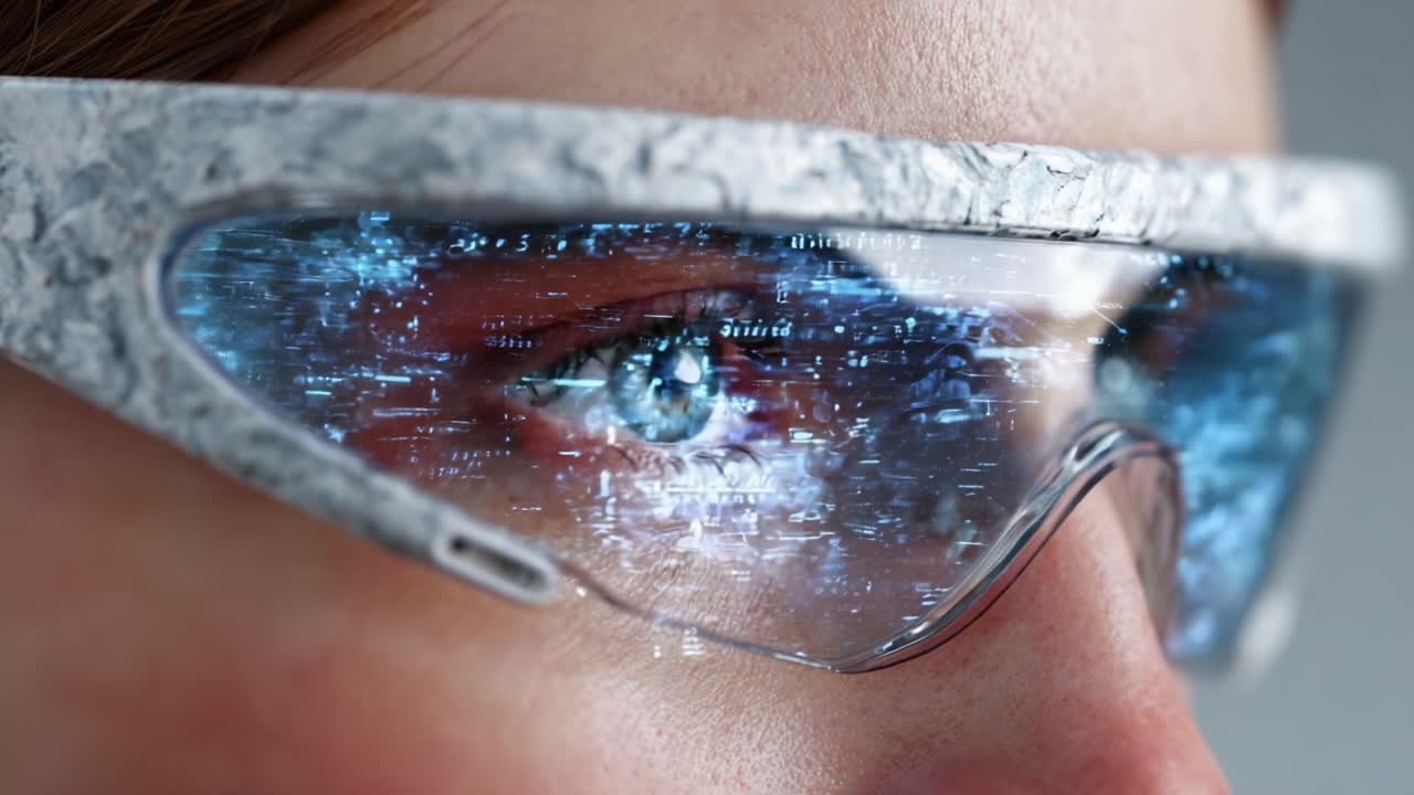 A Close-Up View of Innovative Augmented Reality Glasses Reflecting Advanced Digital Information Projected onto the Wearer's Eyes