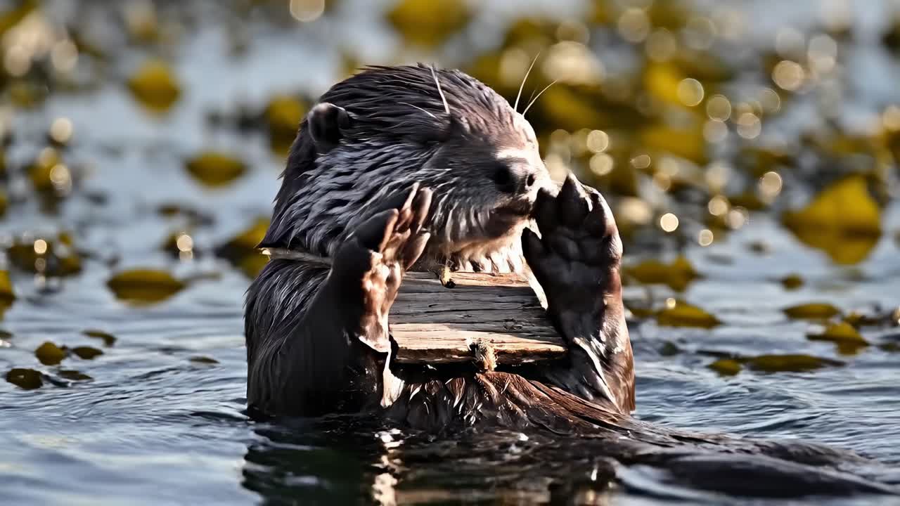 Nærbildevideo av en oter som flyter i vann, omgitt av tang, filmet i øyehøyde