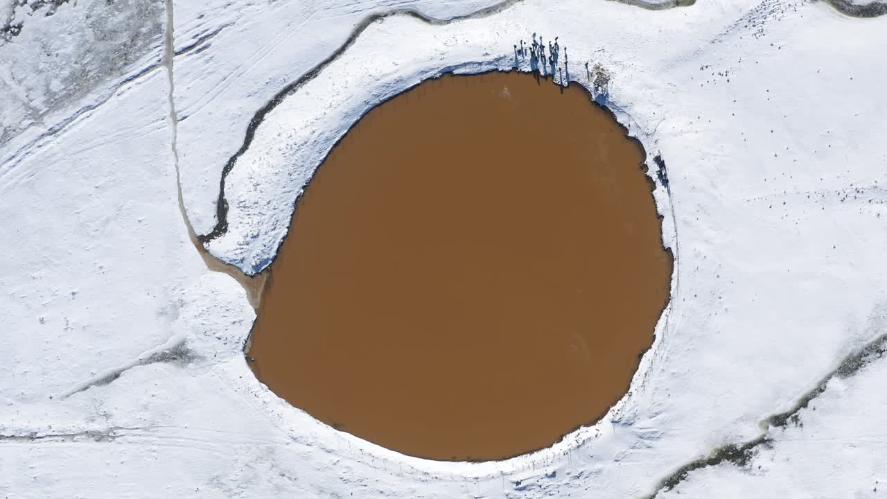 rotación aérea de arriba hacia abajo de un birkat ram del lago del cráter, en la nieve en el monte hermon, israel, la montaña y el lago están en los altos del golán nororiental