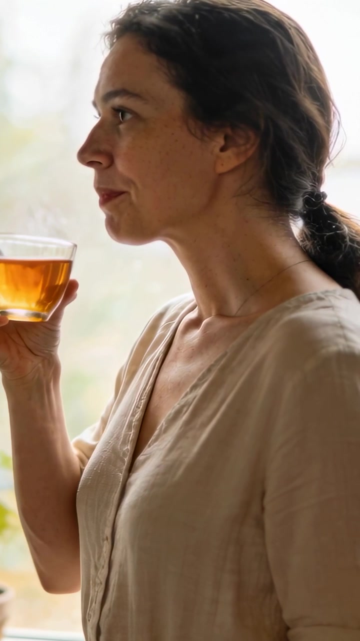 Video verticale: Con una tazza di vetro, donna che sorseggia tè vicino a una finestra luminosa, indossa un top beige e si rilassa