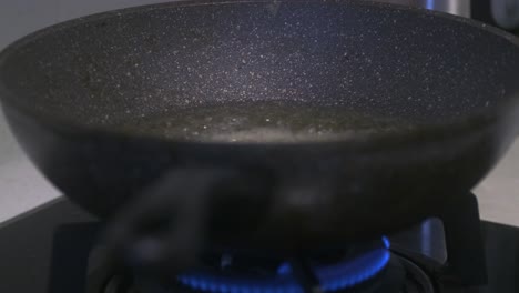 view of person putting chicken nuggets into wok to cook