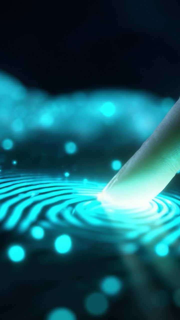 Esplorando la tecnologia delle impronte digitali: L'intersezione tra il tocco umano e l'innovativa sicurezza dei dati in un bagliore ipnotizzante.