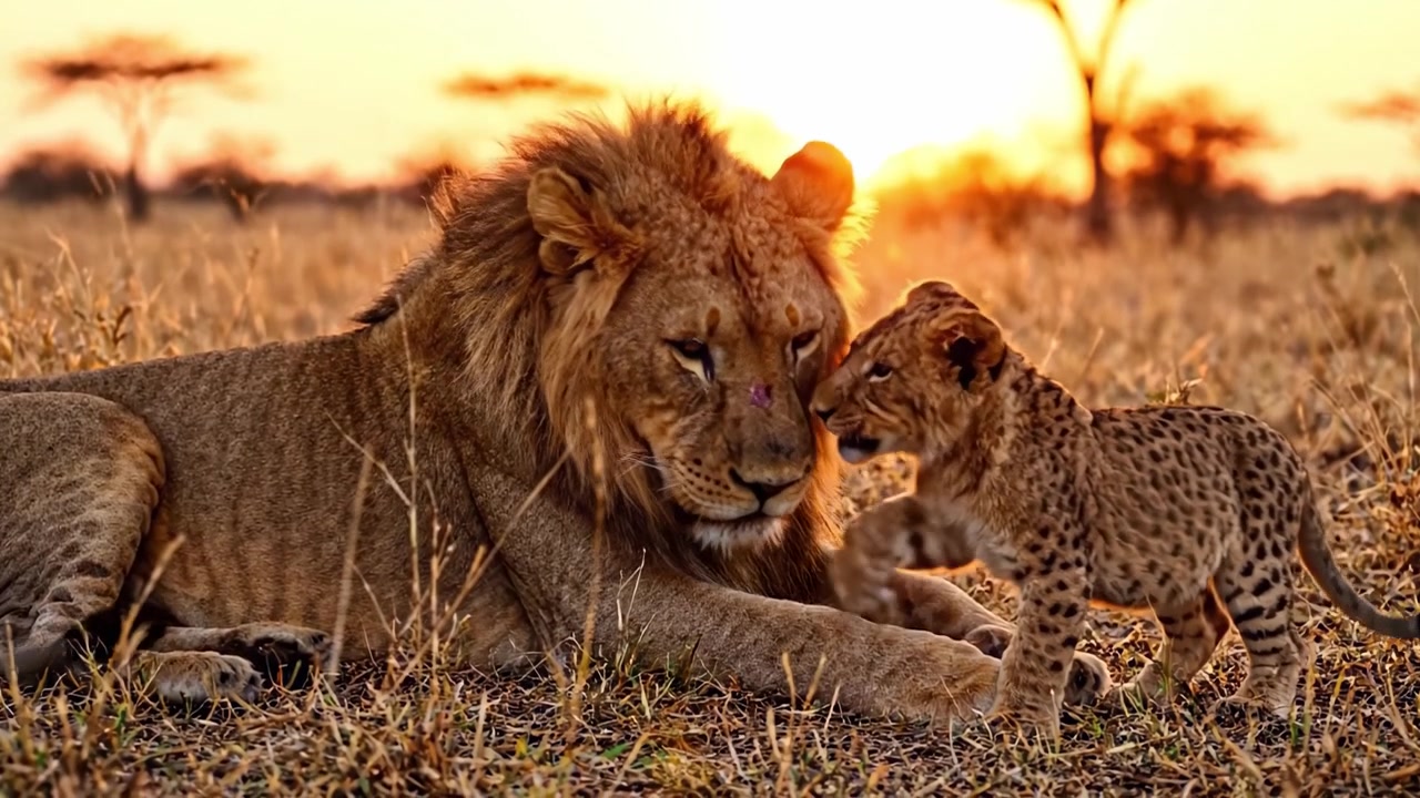Momenti teneri nella natura selvaggia: un leone maestoso e il suo cucciolo giocoso si rilassano sotto il bagliore dorato del tramonto, mostrando i legami familiari nell'abbraccio della natura