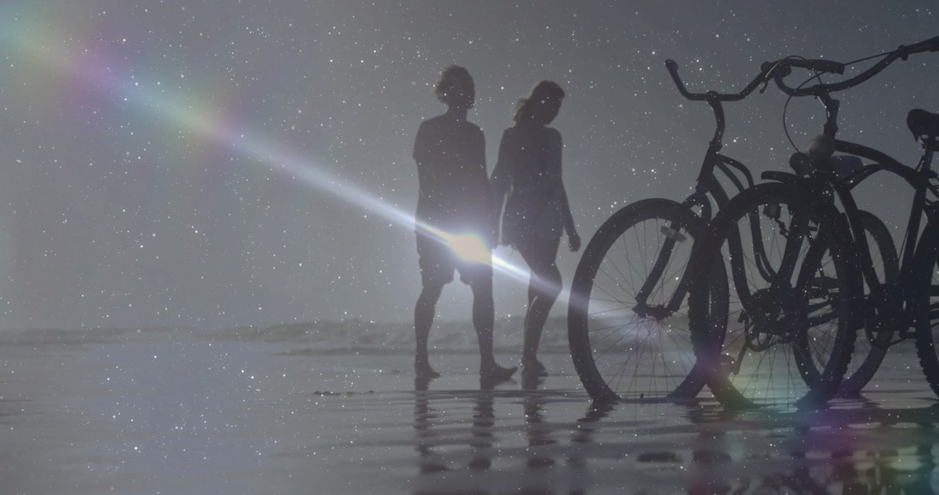 Traveling friends entering frame walking across wet sand toward parked bicycles under lens flare