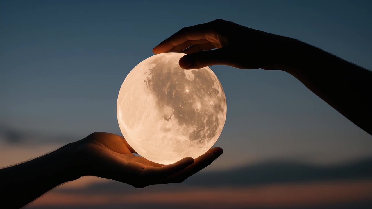 Manos silueteadas sosteniendo un orbe lunar brillante contra un cielo crepuscular