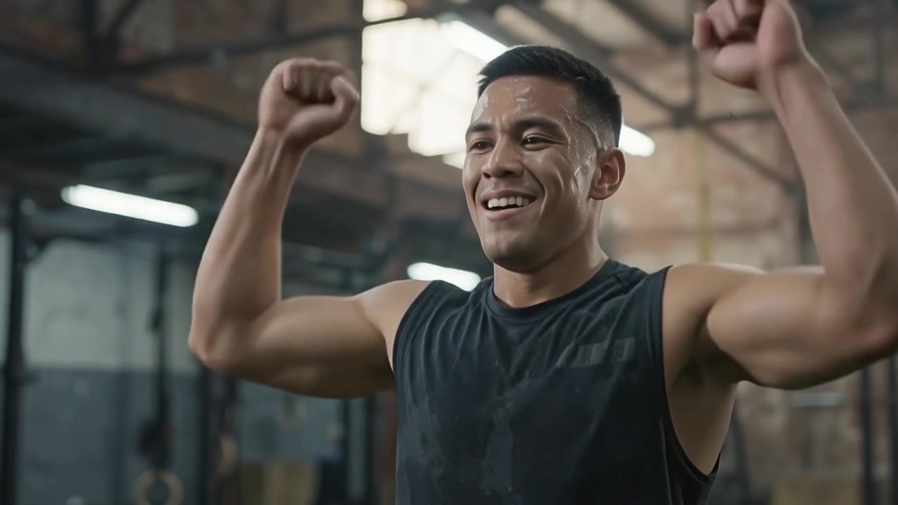Fit Man Celebrating Success After Sled Push Workout in Gym