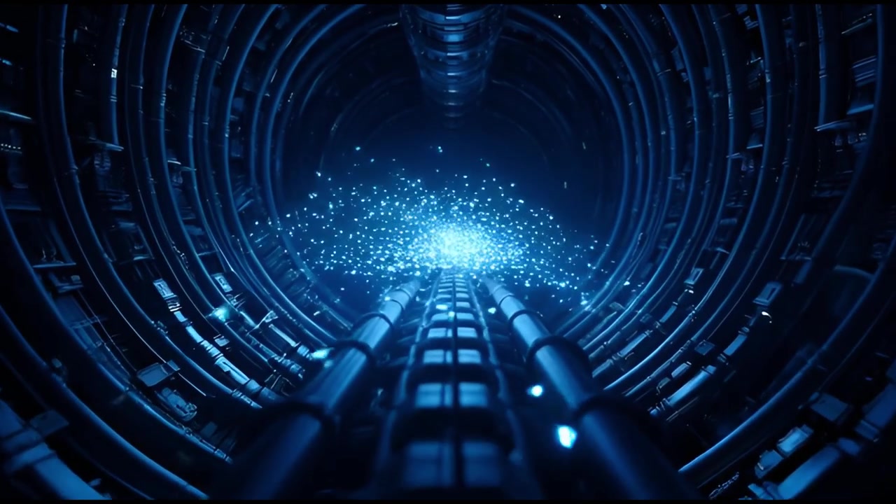 Futuristisk tunnel med glødende blå datastrøm