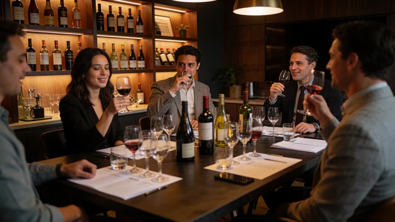 Lifting glasses 5 colleagues in blazers swirling smelling sipping evaluating wines on tasting mats