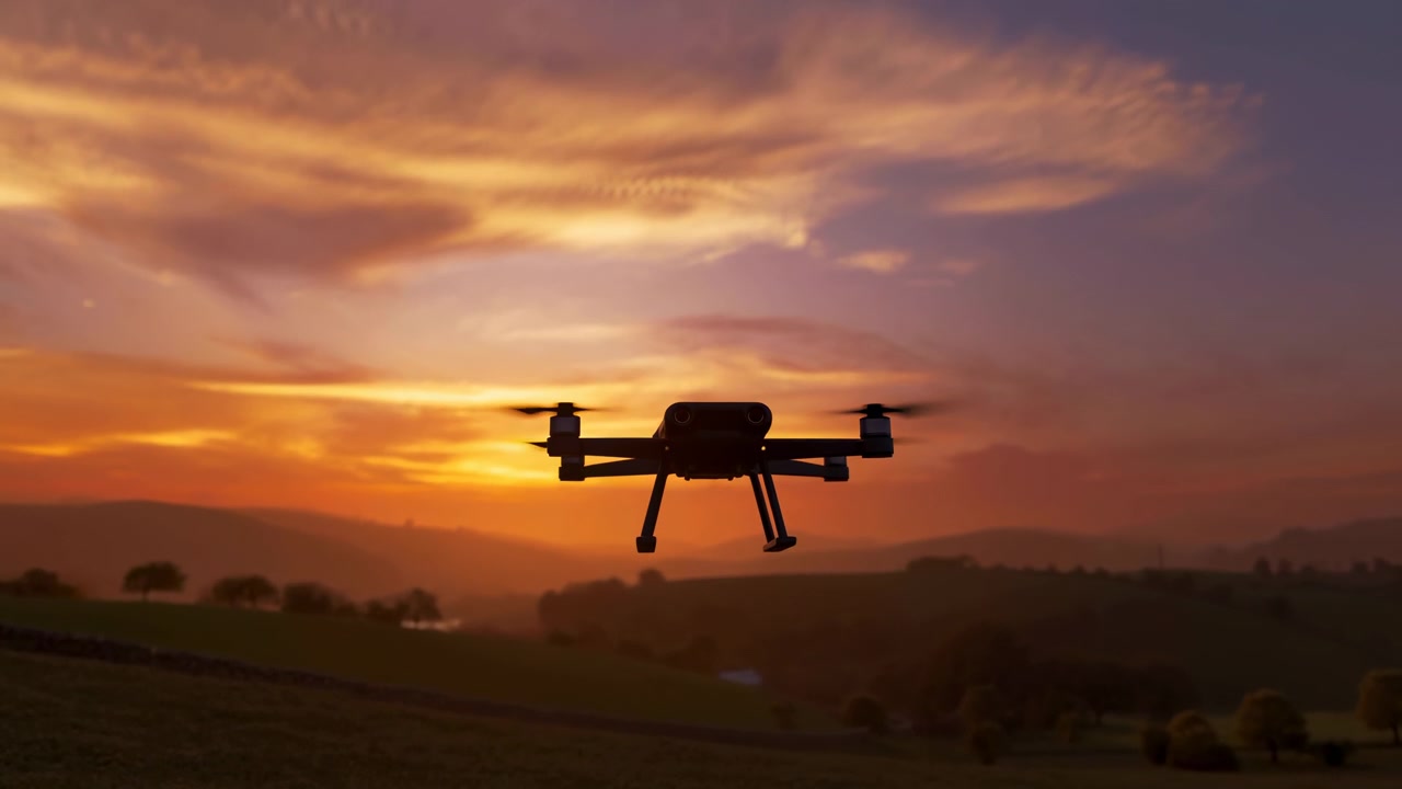 Un drone si libra in silhouette sopra un campo aperto di campagna al tramonto, con nuvole arancioni incandescenti, un orizzonte basso e una calma luce serale che attraversa la scena rurale
