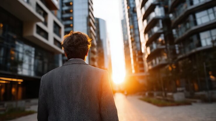 Um Indivíduo Elegante Caminhando em Direção a um Horizonte Iluminado pelo Sol, em Meio a Maravilhas Arquitetônicas Modernas em um Ambiente Urbano Sereno