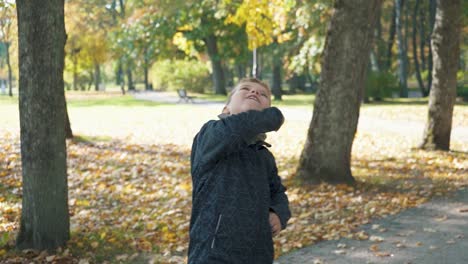 A-Boy-in-the-Autumn-Colorfull-Park-Play-With-a-Paper-Plane