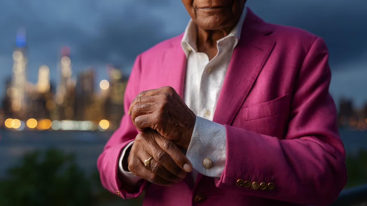 En fremstående person i en livlig rosa dress justerer mansjetten mens byens silhuett glitrer i bakgrunnen, og fanger et øyeblikk av likevekt og eleganse mot en dramatisk himmel.