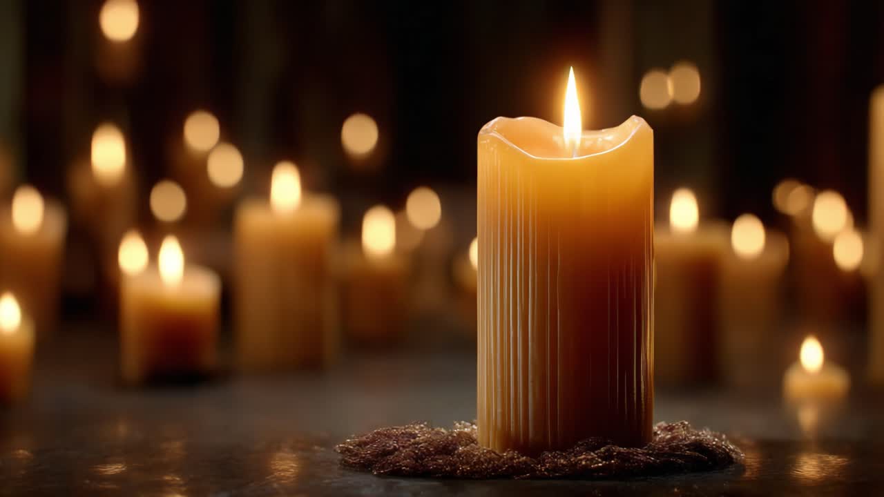 A Tranquil Scene of Glowing Candles Illuminating the Ambience with Warmth and Serenity, Creating a Calming Atmosphere for Reflection and Peace