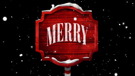 animation of christmas merry text on red sign post with snow falling on black background