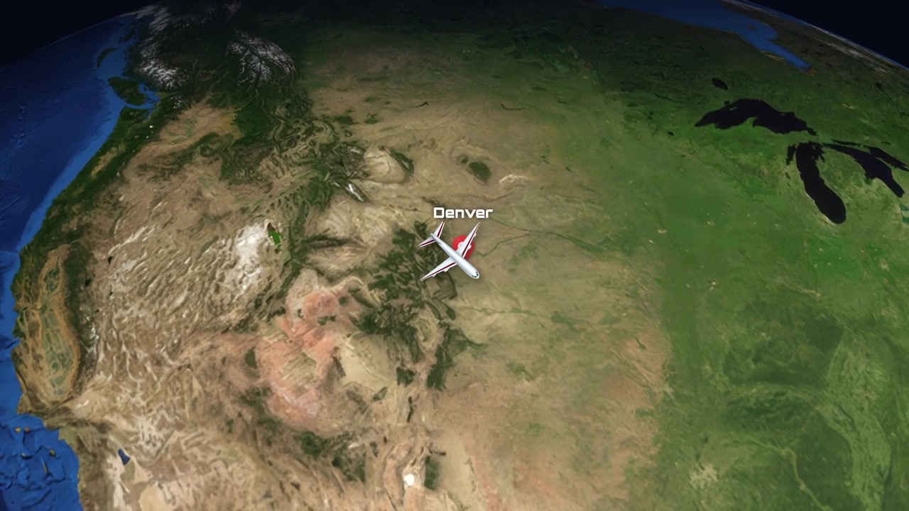 Satellite view animation follows a commercial airplane flying across the globe from China to Colorado