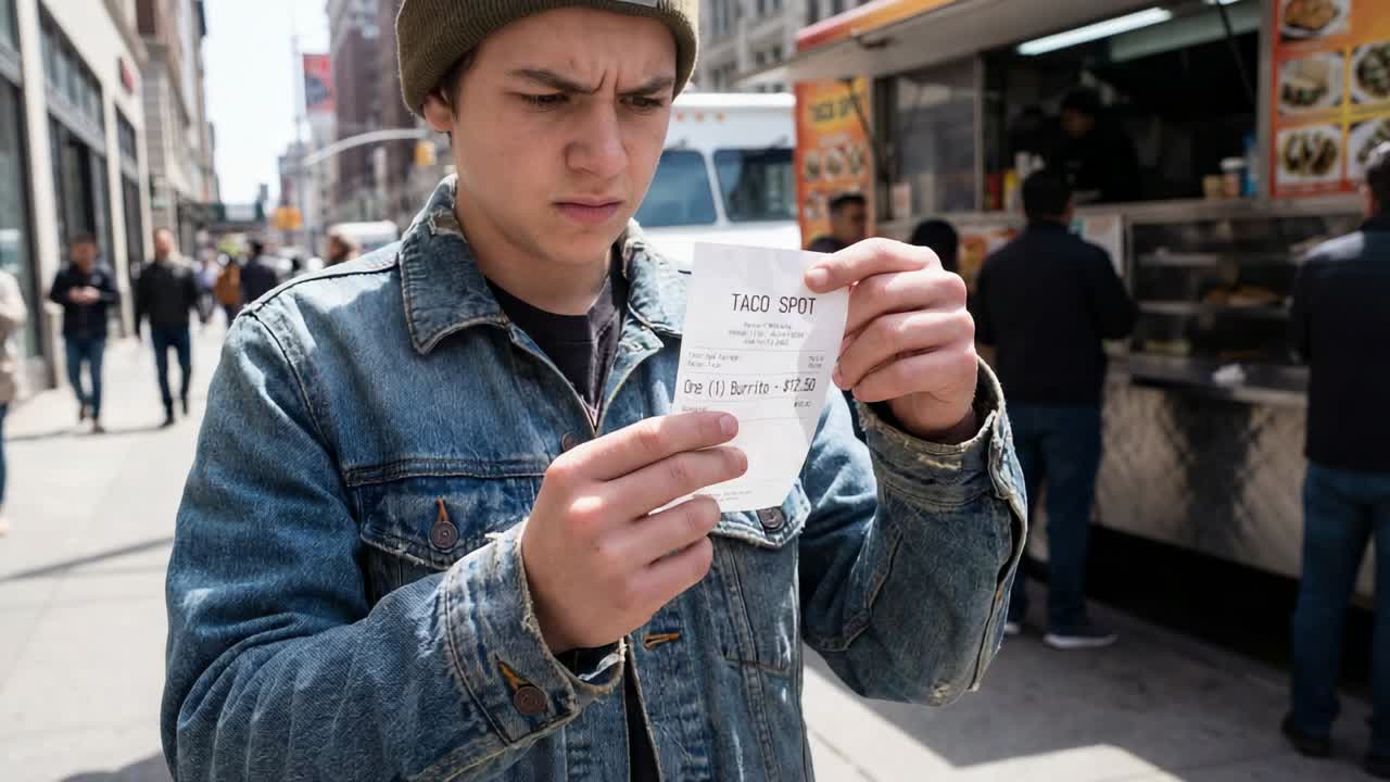 Tilausta tarkastava, ruokarekalla oleva Taco Spot -kuitin saava poika, jolla on pipo ja farkkutakki