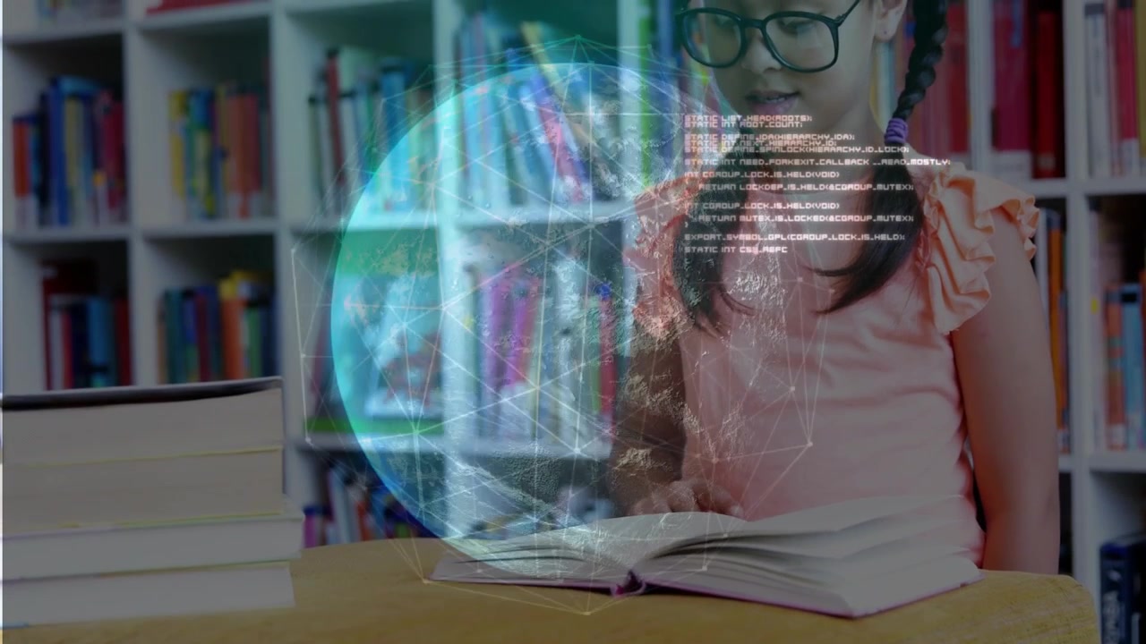 Girl pupil opening book pointing at page causing holo globe overlay and code text aiding education