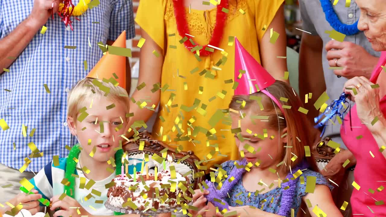 animación de confeti cayendo sobre una familia feliz en una fiesta de cumpleaños