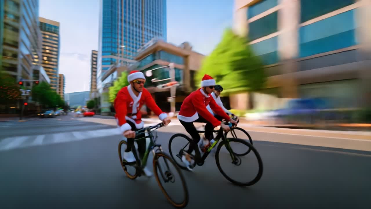 A vibrant scene depicting three cyclists dressed in festive Santa outfits pedaling energetically down a bustling city street, capturing the joy and spirit of the holidays with their playful attire while enjoying a day of activity