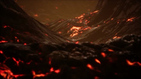 lava fundida roja y vibrante que fluye sobre un campo de lava gris y una tierra rocosa brillante